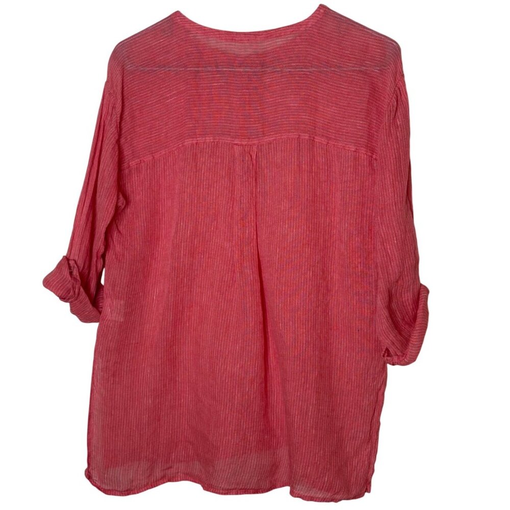 Eileen Fisher Women’s XS Coral 100% Linen Gauze Striped Henley Top Coastal - Picture 2 of 11